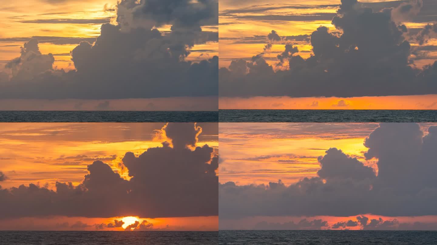 特写的太阳，唤起时间的日落在海上的背景和云。