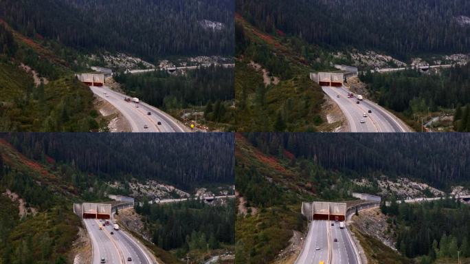 鸟瞰图交通进入大熊雪棚的横贯加拿大公路