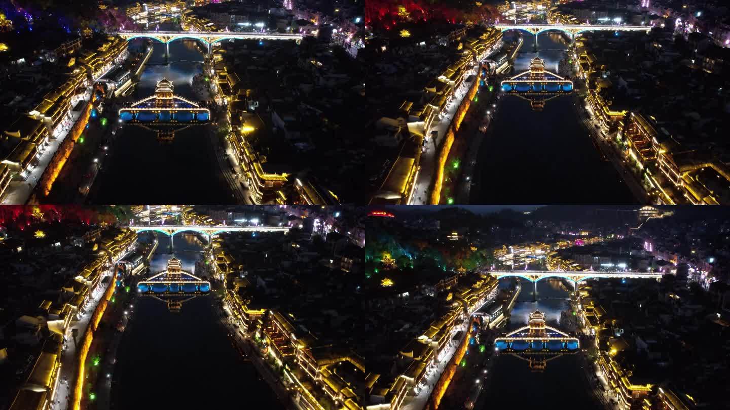 4K湖南湘西凤凰古城夜景航拍视频