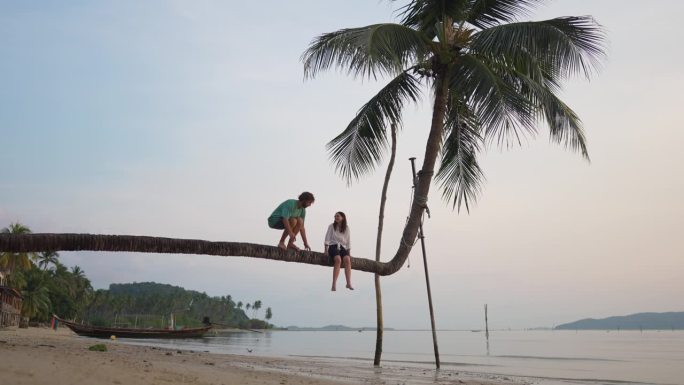 男人和女人站在弯曲的椰子树上