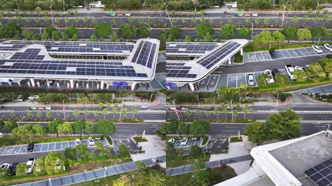 俯瞰城市的太阳能屋顶充电停车场