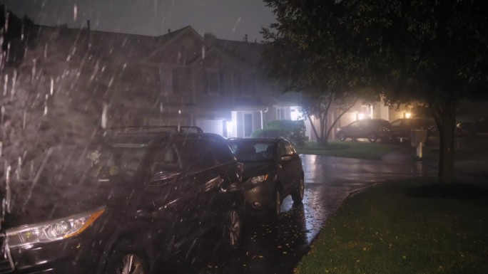 大雨暴雨落在家庭房屋附近的街道上。狂风暴雨之夜。慢镜头