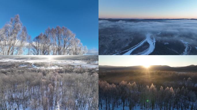 航拍冷空气迷漫的林海雪原