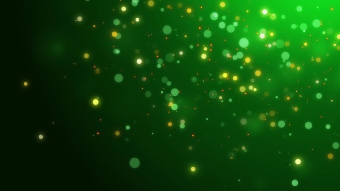 绿色闪闪发光的颗粒，闪耀彩纸和发光的灯光效果。网格循环动画背景与神奇的萤火虫，童话般的虫子闪闪发光。