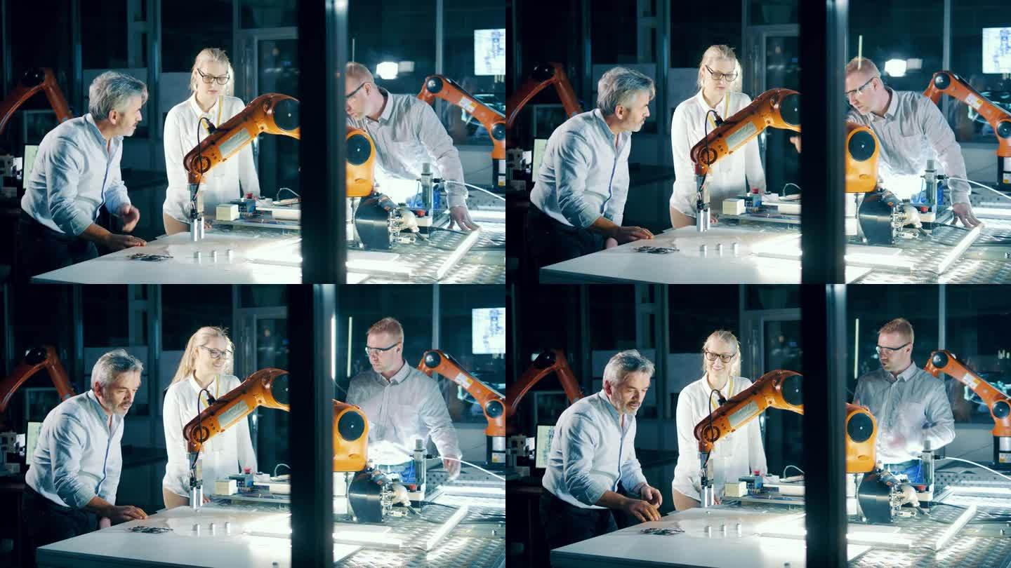 工程师们在一个现代化的实验室里与工业机器人一起工作。