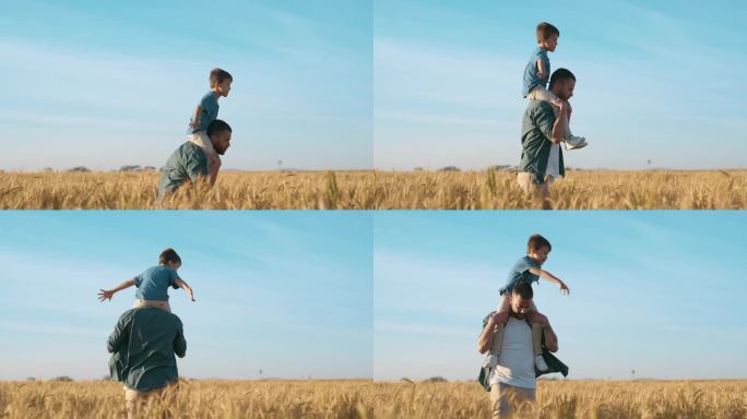 大自然，飞机，父亲带着男孩在自由的田野里，在蓝天的背景下行走和支撑。爱，背和父母与孩子在大自然中保持
