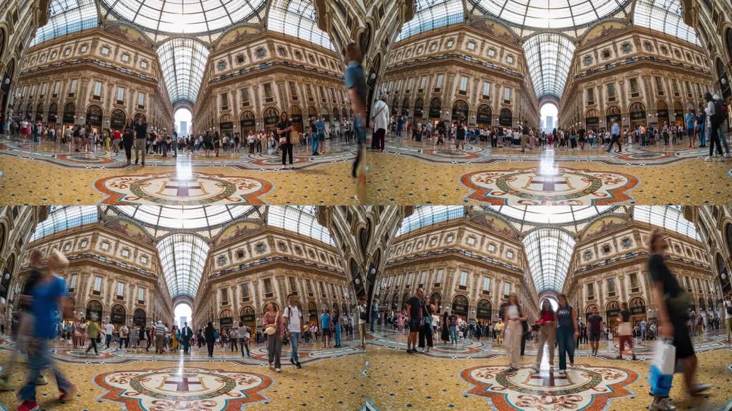 意大利米兰大教堂广场的维托里奥·伊曼纽尔二世画廊，拥挤的游客步行和购物时尚品牌产品的时间流逝