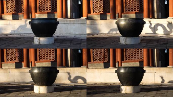 北京颐和园仁寿殿铜缸冬季光影延时