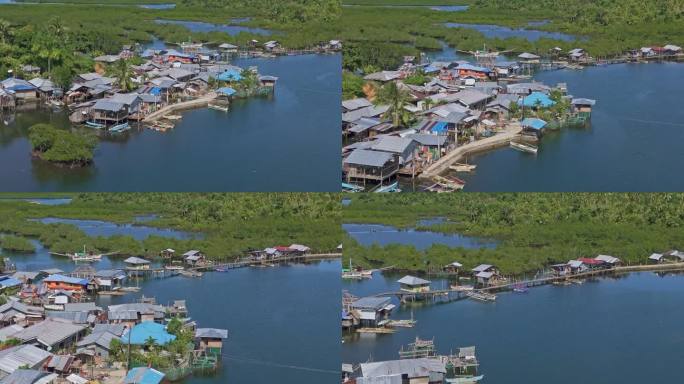 无人机拍摄的菲律宾北苏里高(Surigao Del Norte)的Day-Asan漂浮村，展示了木质