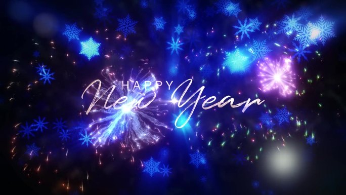 新年快乐辉光文字与下降辉光蓝色雪花和耀光烟花电影标题抽象背景。新年快乐2024冬光。节日背景概念。