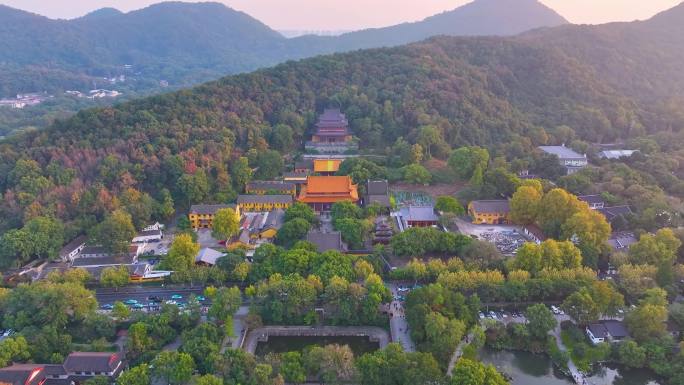 杭州西湖区净慈禅寺航拍唯美大自然风光群山