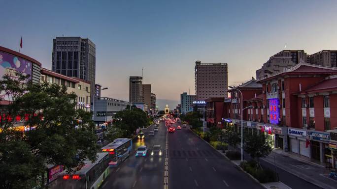 包头东河区南门大街日转夜延时摄影