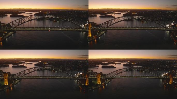 悉尼海港大桥，黄金时间日落余辉，广角建立电影航拍