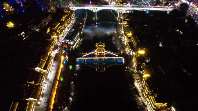 4K湖南湘西凤凰古城古建筑夜景航拍视频