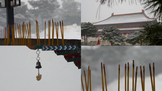 上香拜佛下雪天寺院