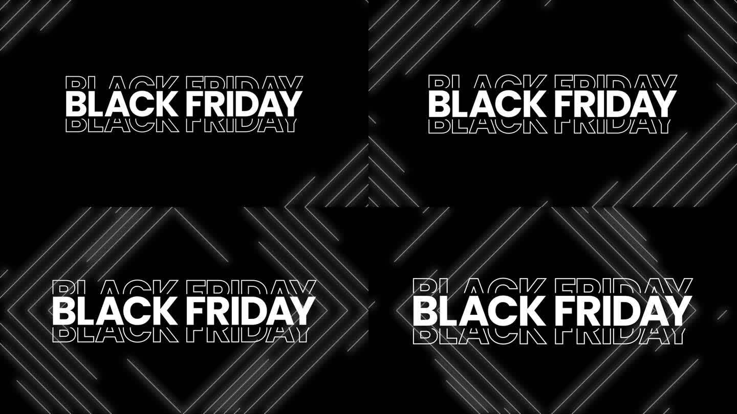 黑色星期五图形元素与圆滑的线条。大胆的黑色星期五销售横幅设计4k动画。销售购物社交媒体背景。