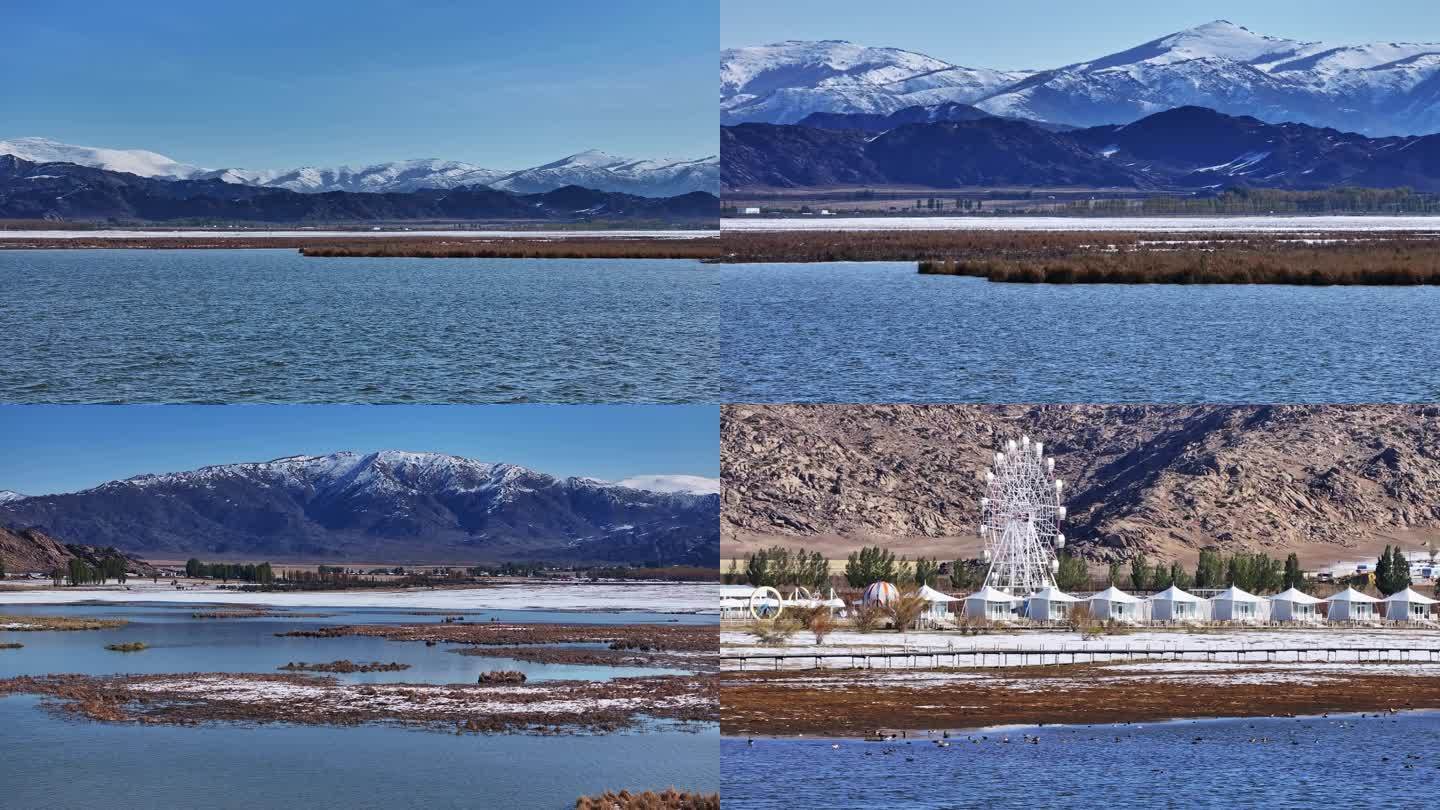 4K航拍新疆生态湿地高原雪山