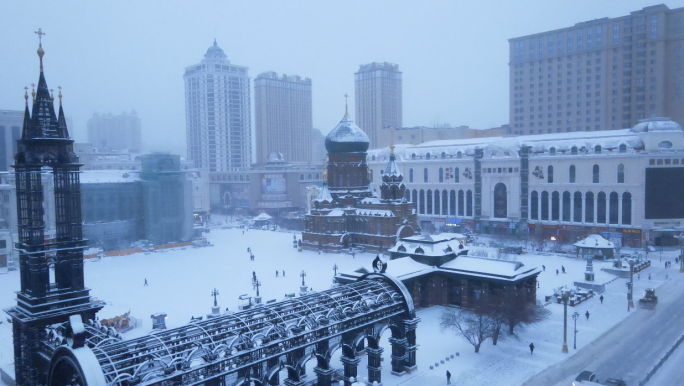 4k黑龙江大暴雪城市航拍哈尔滨地标宣传片