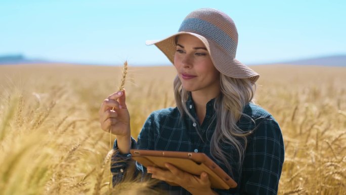 妇女、农民和平板电脑在麦田里检查小麦，思考可持续发展的质量保证。农业，谷物和快乐代表成长，思想或评估
