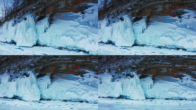 贝加尔湖，岩石上的大块冰。一种罕见的自然现象。贝加尔湖，西伯利亚，俄罗斯。航拍无人机拍摄4k