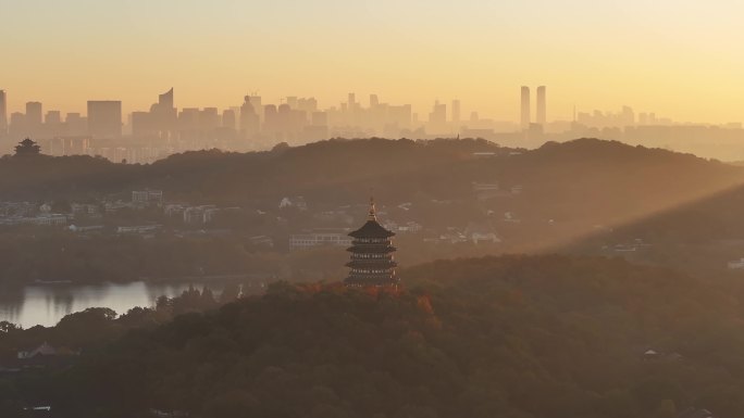 （合集）中国杭州西湖雷峰塔秋天日出