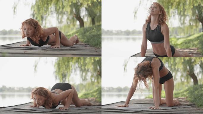 户外瑜伽姿势有助于女性保持身体的灵活性和健康的生活方式。在新鲜空气中锻炼能给女性能量和力量来克服生活