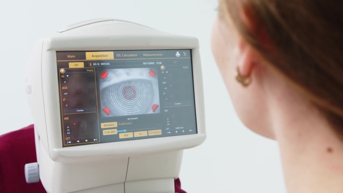 医生用扫描的眼睛控制验光师的显示器。眼科诊断设备。眼科门诊会诊与矫正的概念。
