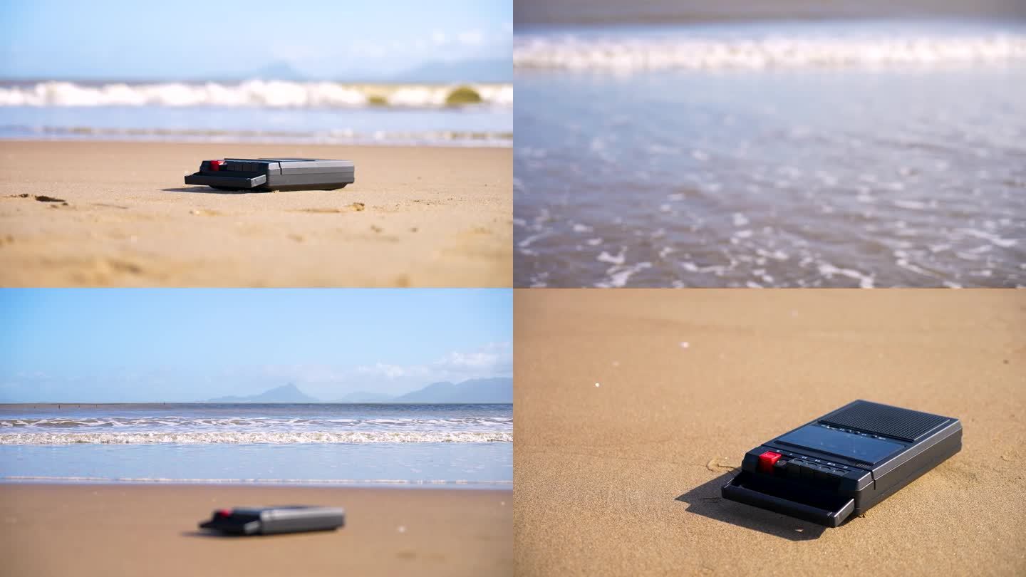海边沙滩上的怀旧磁带录音机