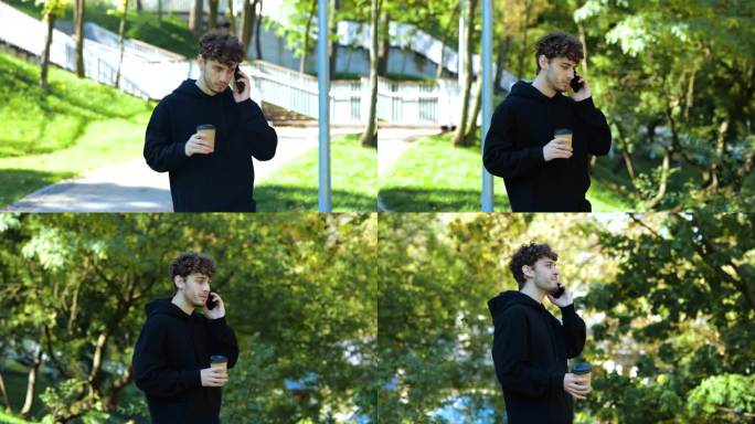 在公园里一边拿着咖啡一边咒骂尖叫的年轻人一边接手机电话。的生活方式。秋季散步的概念。实时概念。