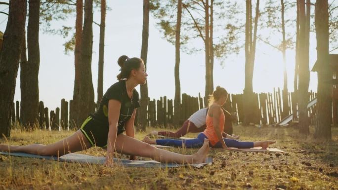 户外瑜伽和伸展课，女性劈叉运动，早上自然健身课