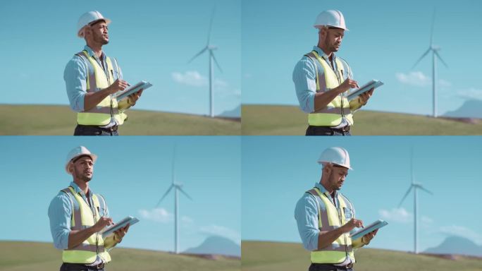 工程师，风车和平板规划，可再生能源检查，可持续发展和农业。非洲工人思考数字化理念、风力涡轮机或环保解