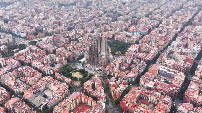 无人机的视野，令人叹为观止的空中辉煌的巴塞罗那城市景观。