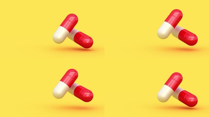 无缝循环。黄色背景上的药物运动与文本的位置。药品广告模板或药品营销板。3 d演示。