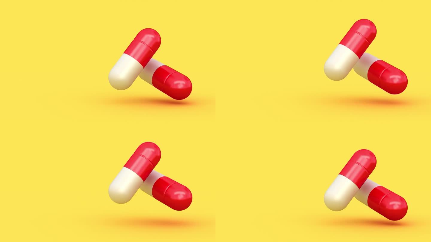 无缝循环。黄色背景上的药物运动与文本的位置。药品广告模板或药品营销板。3 d演示。