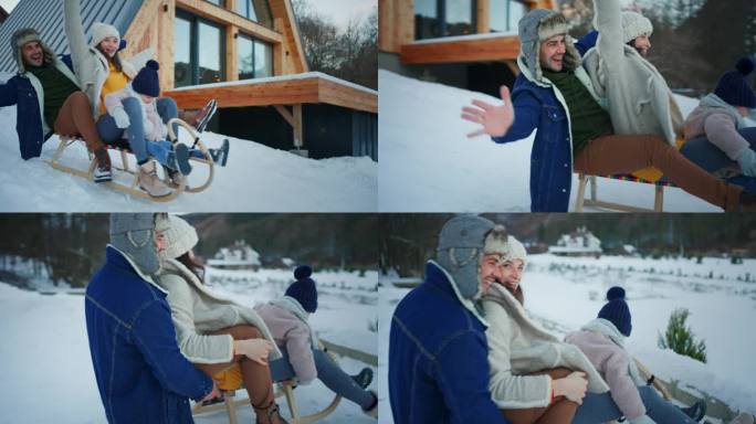 快乐的年轻家庭在冬季假期与小孩在雪天户外雪橇。