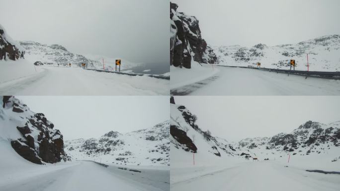 POV汽车在雪中行驶:挪威的山口