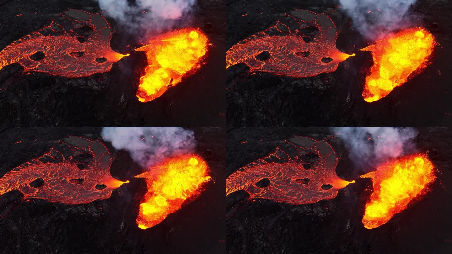 地质现象:火山喷发的熔岩，火焰和烟雾的迷人景观