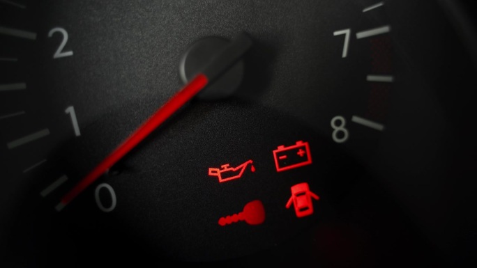 未启动汽车的转速表，点火时显示图标。汽车仪表盘上的电池、油和开门标志