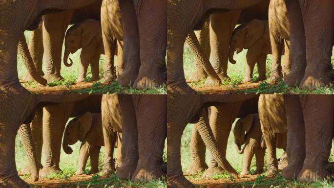 南非大象家族与刚出生的小象的特写