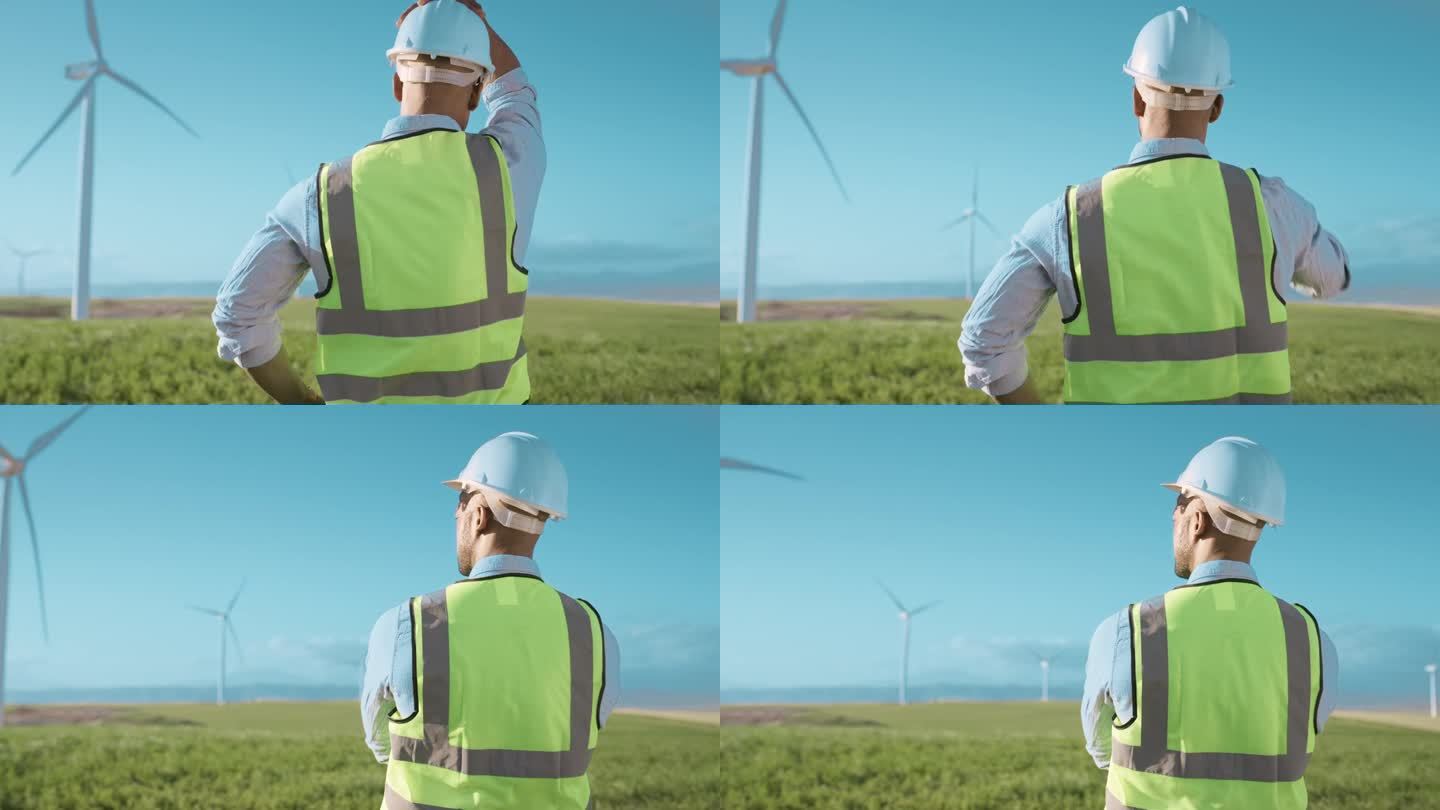 安全帽，风力涡轮机和农场维修人员，可再生能源和可持续发展。电力，农业和建筑工人环保，检查和风车维修