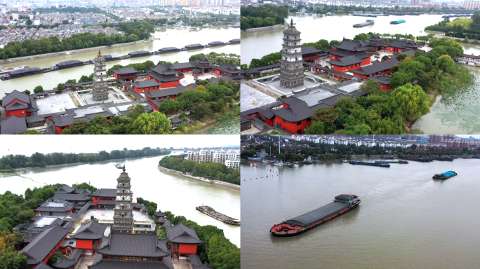 航拍京杭大运河扬州高邮段镇国寺塔4k