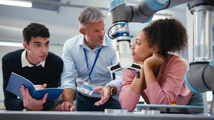 两个学院或大学工程专业的学生在机器人课堂上与男老师一起工作