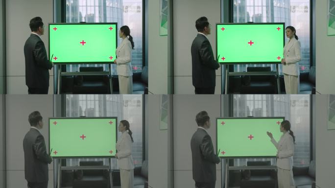 4k实拍秘书办公室绿幕大屏展示讲解