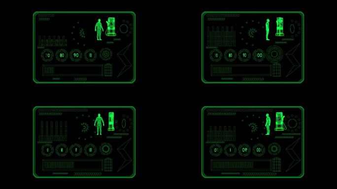 线框显示数据UI技术屏幕信息图未来主义hud元素4k动画未来主义核反应堆仪表板图形滑块条加载数据3D