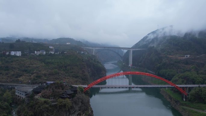 4K湘西芙蓉镇河流大桥基建航拍