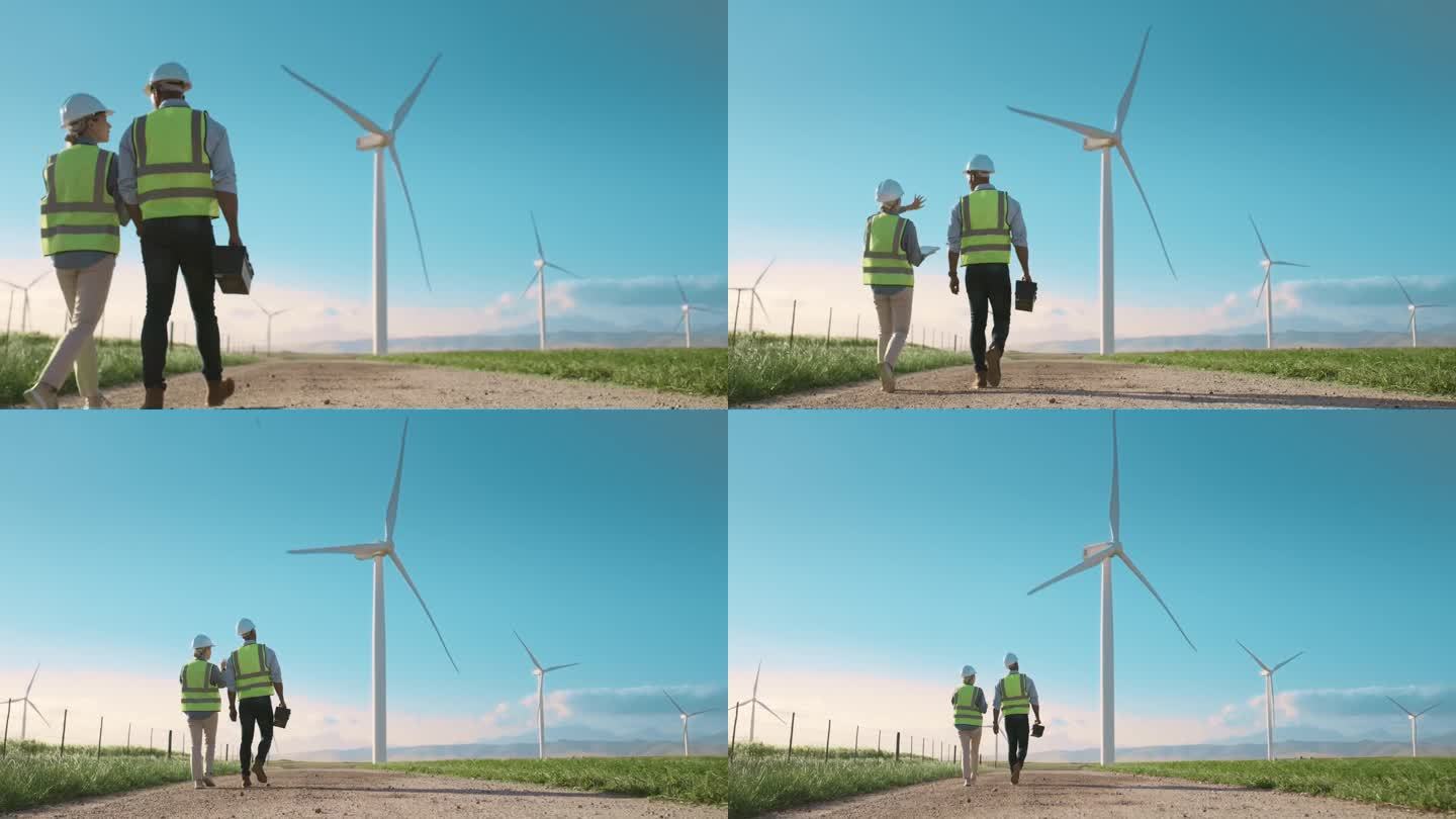 步行，风力涡轮机团队和农场人员进行维护，可再生能源和可持续性。农村、农业和工人进行环保电力、检查和风