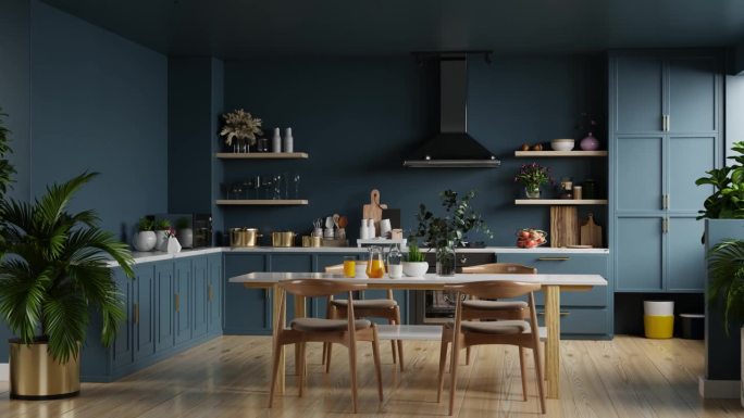 现代风格的厨房室内设计，深蓝色的墙壁