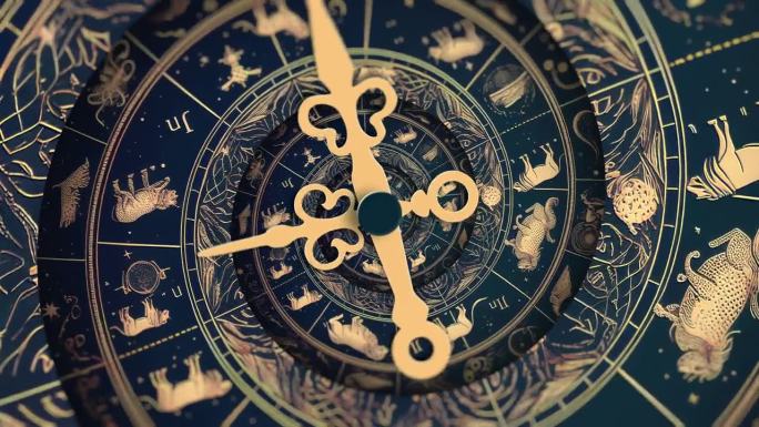 占星术中的星座概念隐喻了日期和时间。时钟的手旋转在无限的时间视频循环动画占星轮背景。