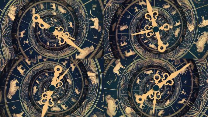 占星术中的星座概念隐喻了日期和时间。时钟的手旋转在无限的时间视频循环动画占星轮背景。