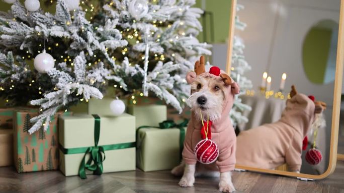 狗嘴里衔着一个球。一只宠物打扮成圣诞老人的小鹿，背景是一棵装饰着礼物的冷杉树。杰克罗素梗迎接客人。圣
